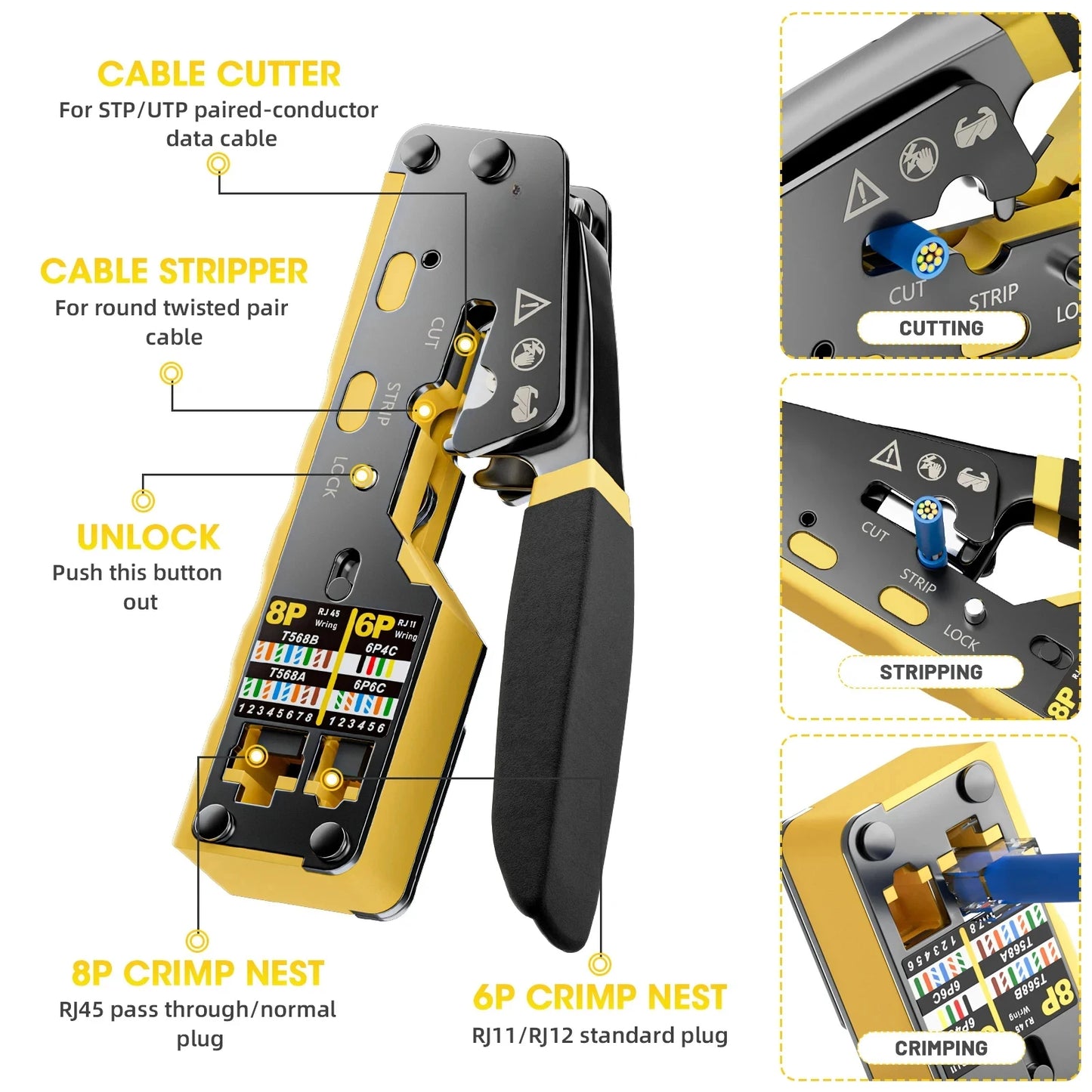 Kebidu RJ45 Crimp Plier Pass Through Ethernet Modular Plug Crimping Tool for Cat6 Cat5 Cat5e RJ45 Connectors 8P6P RJ11 Connector