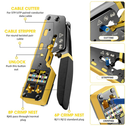 Kebidu RJ45 Crimp Plier Pass Through Ethernet Modular Plug Crimping Tool for Cat6 Cat5 Cat5e RJ45 Connectors 8P6P RJ11 Connector