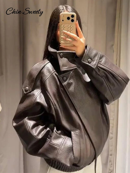 Vintage Stand Neck Leather Jacket Women Solid Motorcycle Style Asymmetry Elastic Hem Loose Cropped Jackets Lady New Outwear 2026