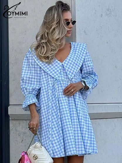Oymimi Elegant Blue Cotton Dresses 2024 Women Fashion Print Three Quarter Sleeve Looes Dresses Casual New Pleated Mini Dress
