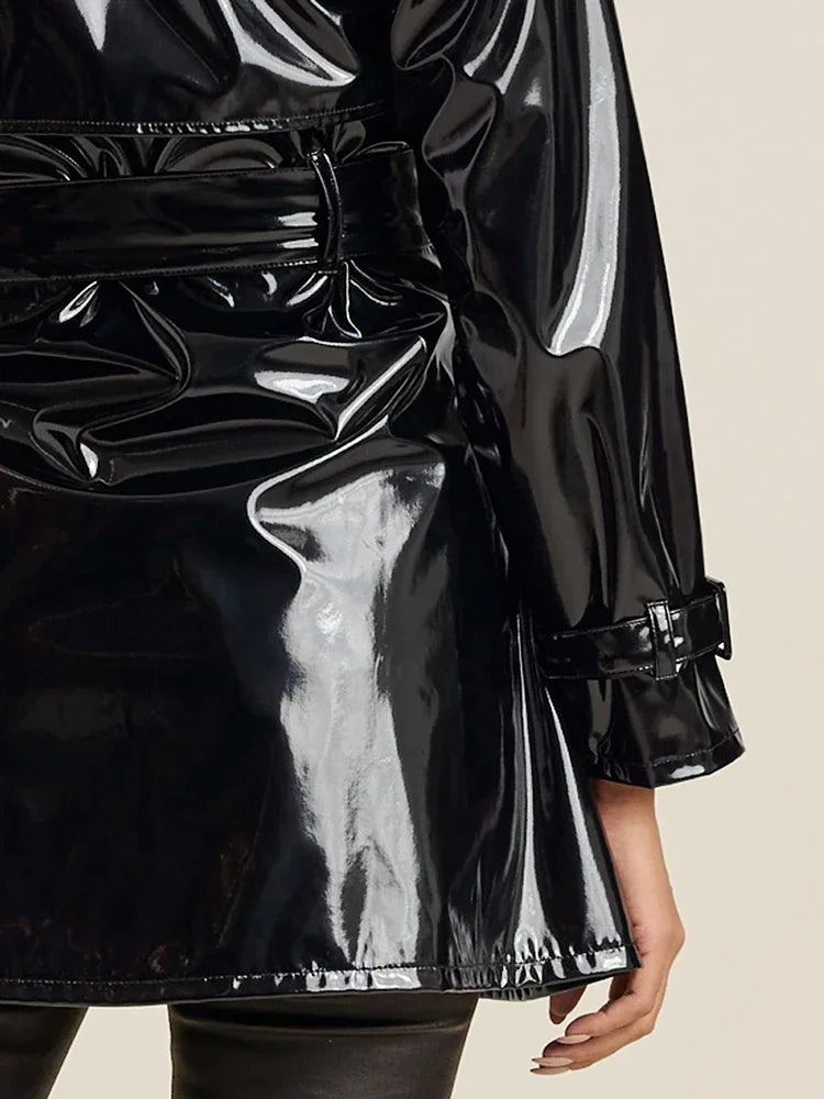 Women Faux Leather Jacket Coat Glossy Patent Leather Trench Overcoat With Belt Gothic Black PVC Laple Blazer Suit Pocket Custom