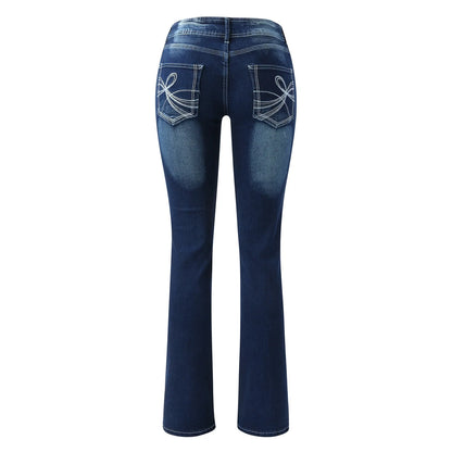 Womens Jeans Mid Waisted Straight Leg Long Pants Stretch Juniors Jeans Washed Back Pocket Embroidered Slim Fit Jeans For Women