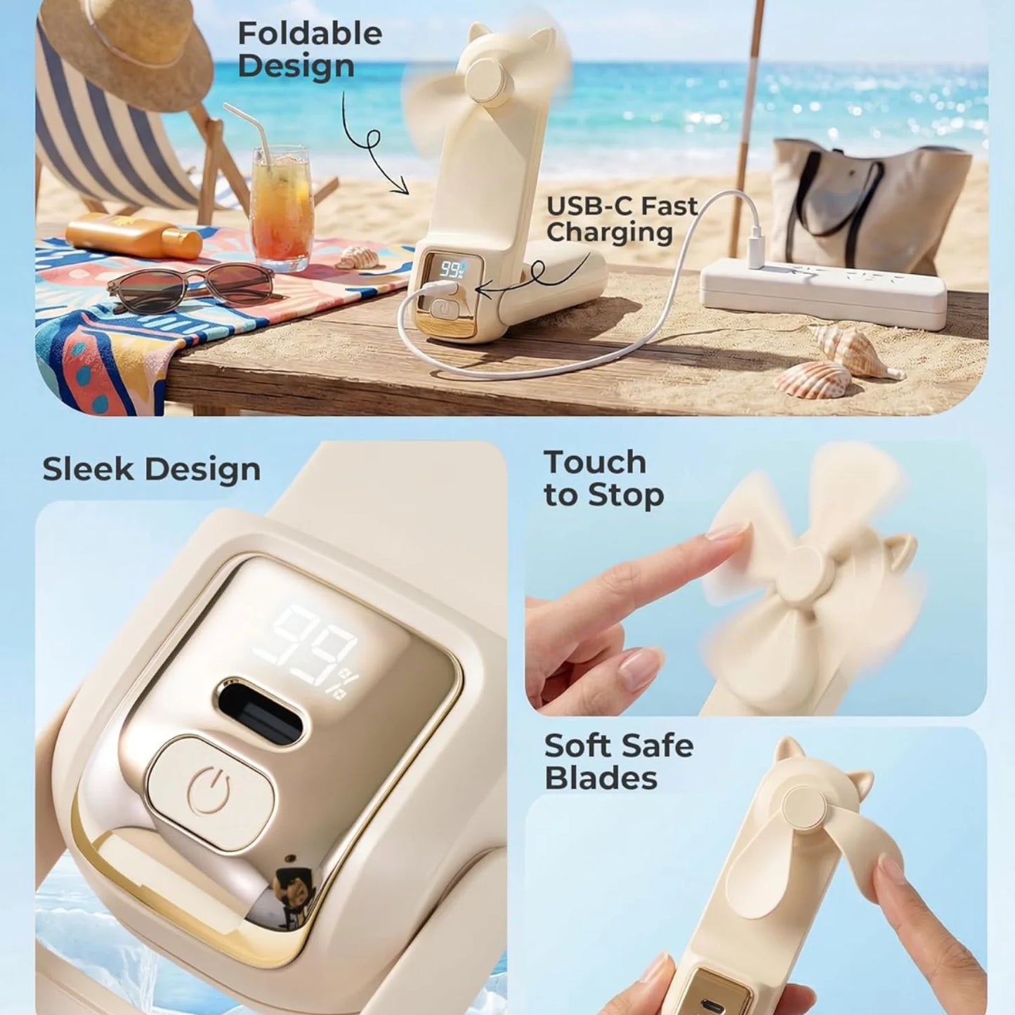 Portable Handheld Fan, Small Rechargeable Personal Mini Fan, Summer Travel Essentials with 3-Speed