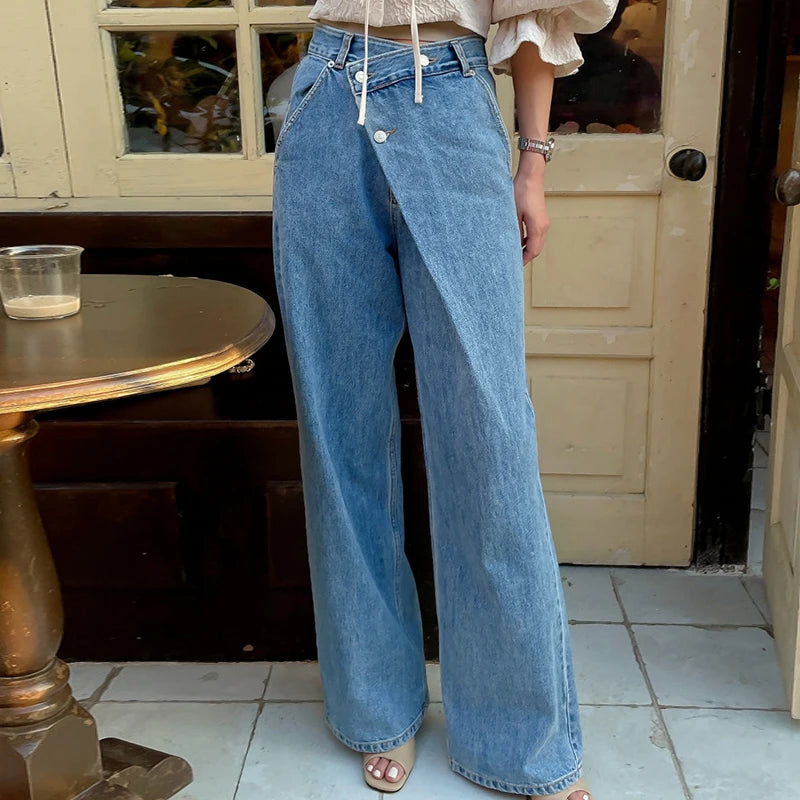 Retro High Waist Wide Leg Jeans Women's Autumn Long Pants Asymmetrical Design Versatile Chic Vintage Sle Ladies Denim Trousers