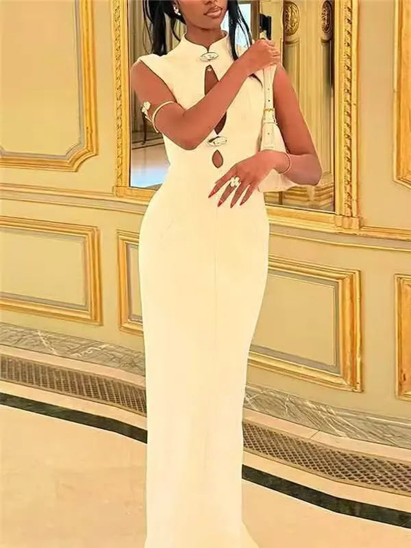 Sexy Turtleneck Sleeveless Dress Women Elegant Hollow Out High Waist Slim Maxi Fishtail Dresses 2026 Lady Evening Party Vestido