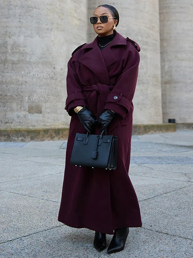 Elegant Burgundy Woolen Coat With Belt Women Lapel Full Sleeve Double Breasted Lady Overcoat 2024 Autumn Winter Female Outwear