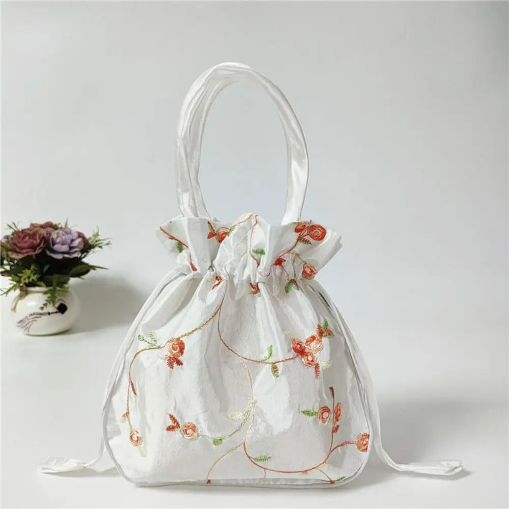 Elegant Ethnic Style Cosmetic Handbag Women Flower Handbags Embroidered Flower Small Bucket Bag National Style Purse Jewelry Bag