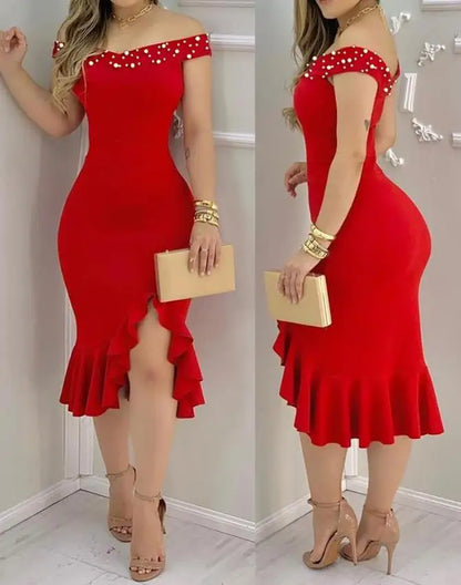 Casual Women's Dresses 2025 Spring Geometric Color Block Printed Ruffle Hem Off Shoulder Short Sleeved Casual Daily Midi Dress