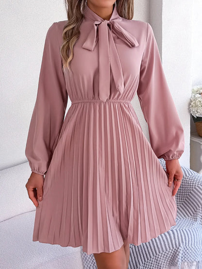 Women Fall Vacation Elegance V Neck Solid Tie Waist Ruffle Hem Pleated Midi Dress Long Sleeve Wedding Dress