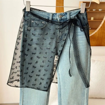 Korean Fashion Floral Skirt Spring Summer Korean Version Unique Lace Layered Gauze Skirt with Tie Up Spicy Girl Apron Streetwear