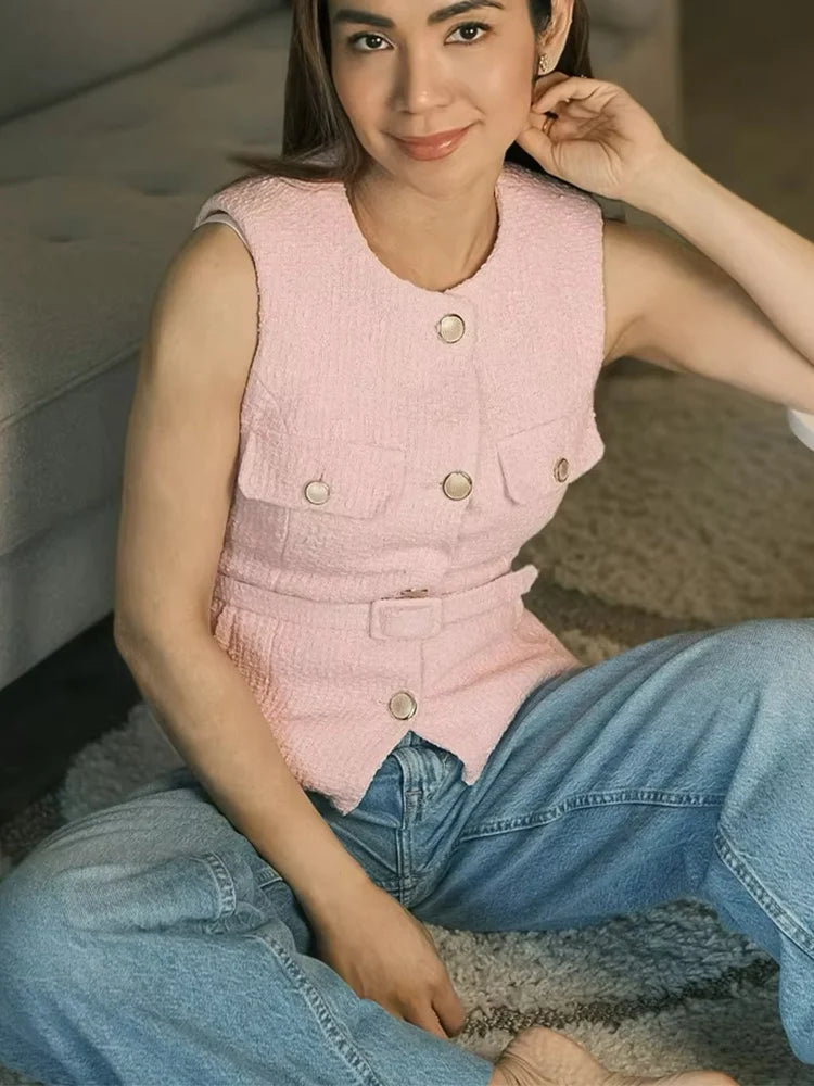 HH 2025 Elegant Women's Texture Belt Waistcoat Summer O-Neck Sleeveless Buttons Vest Jacket Female Slim Commuter Vest Tops