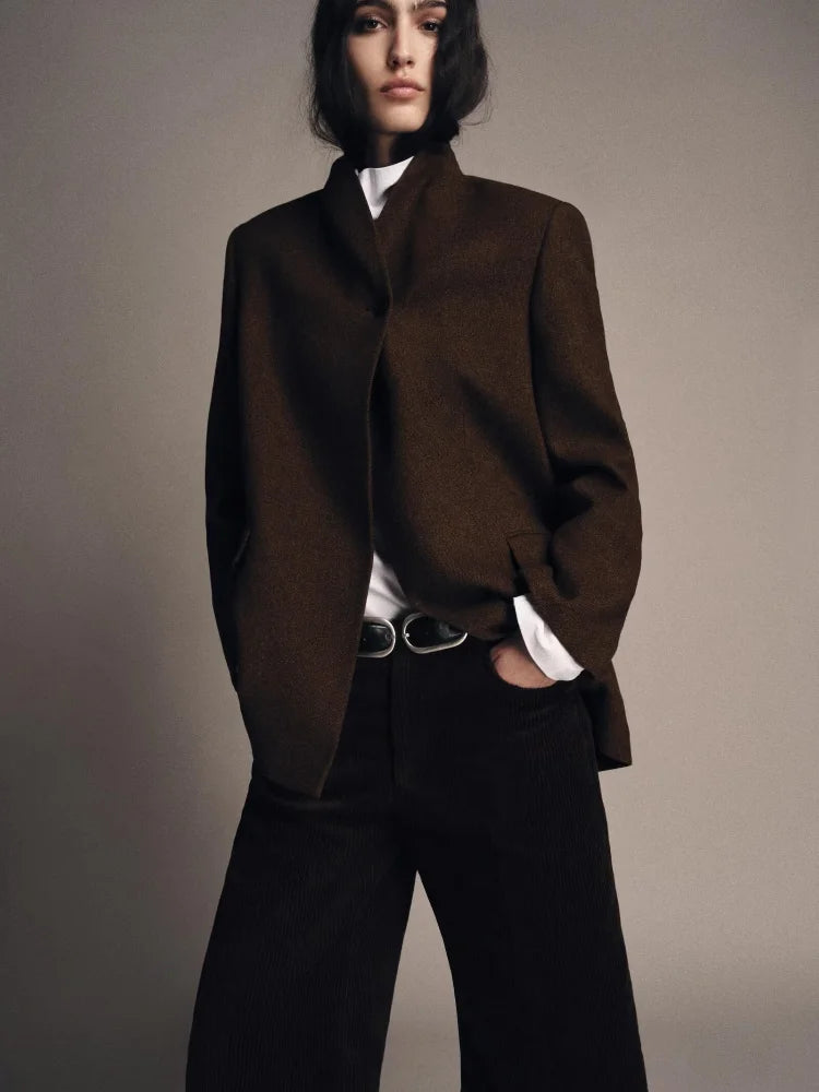 Fashion Solid Color V-neck Stand Collar Suit Jacket Women Single Breasted Long Sleeved Short Coat Lady Daily Casual Outwear New