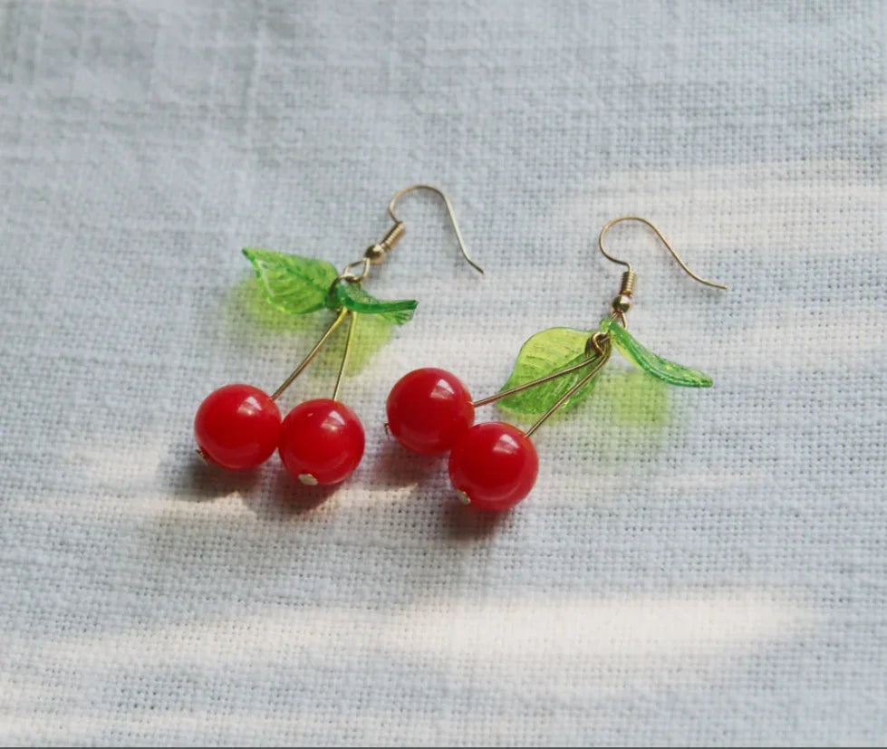 Handmade Cherry Earrings : Gold Cherry Earrings, Berries Earrings, Dangle Earrings