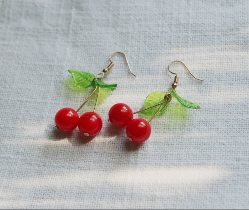 Handmade Cherry Earrings : Gold Cherry Earrings, Berries Earrings, Dangle Earrings