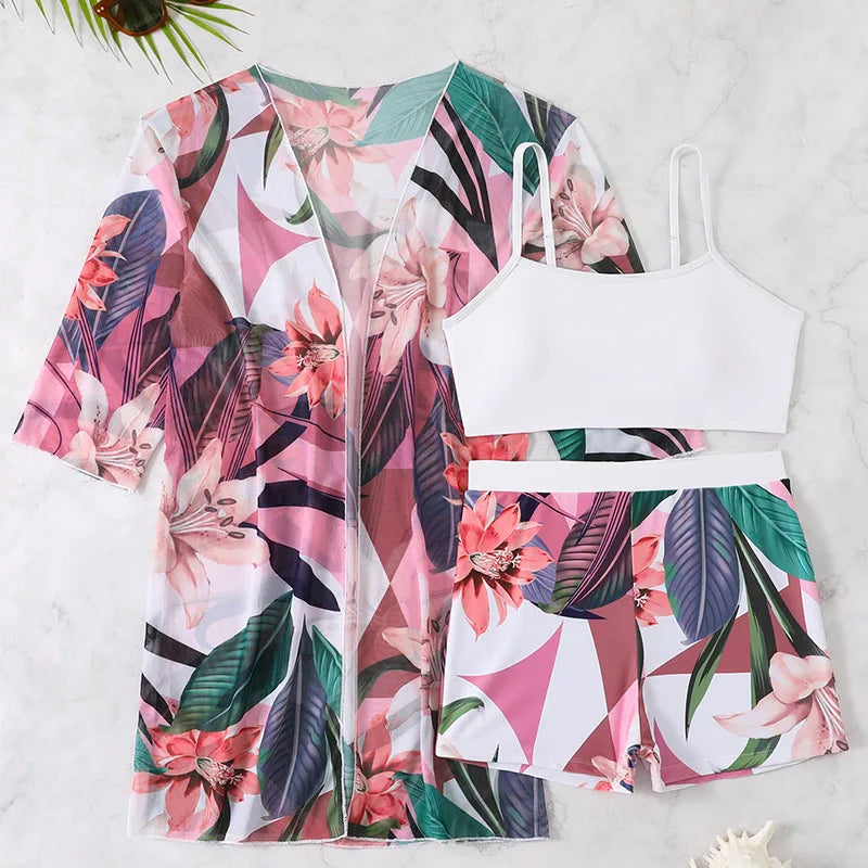 2025 New Floral Print Three Pieces Bikini Set Cover Up Women Swimsuit Print Swimwear Biquini Bathing Suit Summer