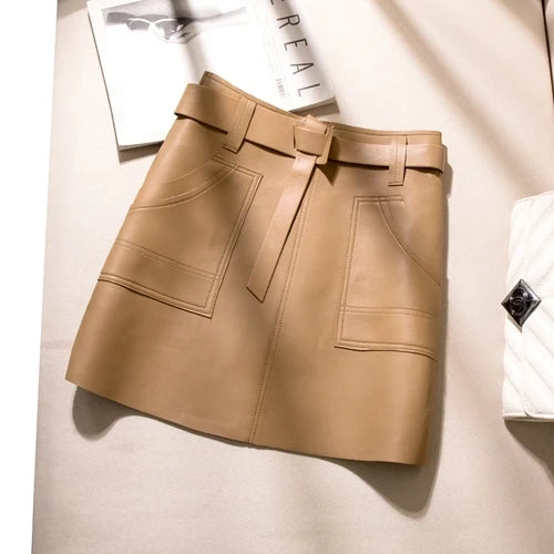 High Quality Genuine Leather High Waisted A-line Skirt Buttocks Wrapped Skirt Women's Fashionable Sheepskin Belt Short Skirt Y2k