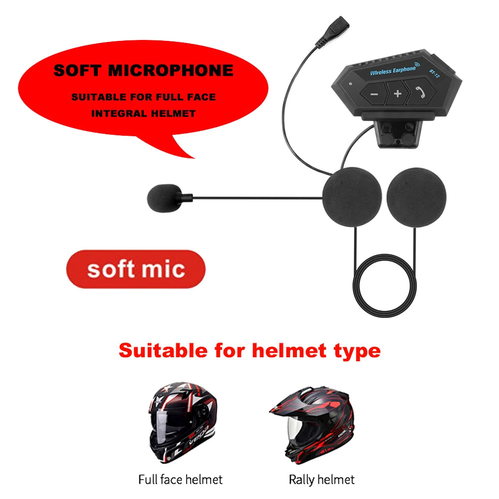 Motorcycle Helmet Headset Bluetooth Earphone Wireless Handsfree Mic Headphones Music Player Voice Control For Motorbike Rider