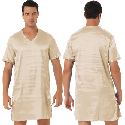 Mens Satin Sleepwear Tops Night Shirt Nightgown Pajamas Dress Short Sleeve Underwear Homewear Sides Split Sleep Tops Nightwear