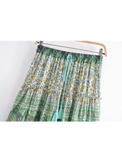 Women Vintage Summer Ruffles Tassel Pleasted Bohemian Skirt Green Floral Printed Rayon Lady Bottoms Boho Mini Skirts