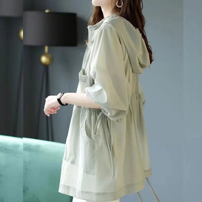 Summer Sunscreen For Women 2025 New Drawstring Waist Mid-length Thin Windbreaker UV Protection Cardigan Lightweight Trench Coat