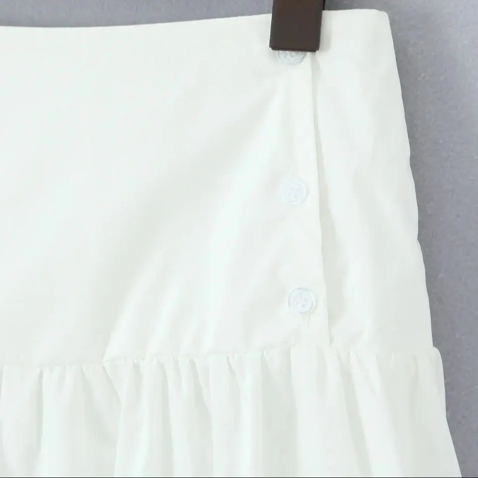 New 2025 Holiday Buttons Low Waist Midi Long Skirt Women Spliced Ruched Wood ears Swing A-lined Skirts Boho Yellow White