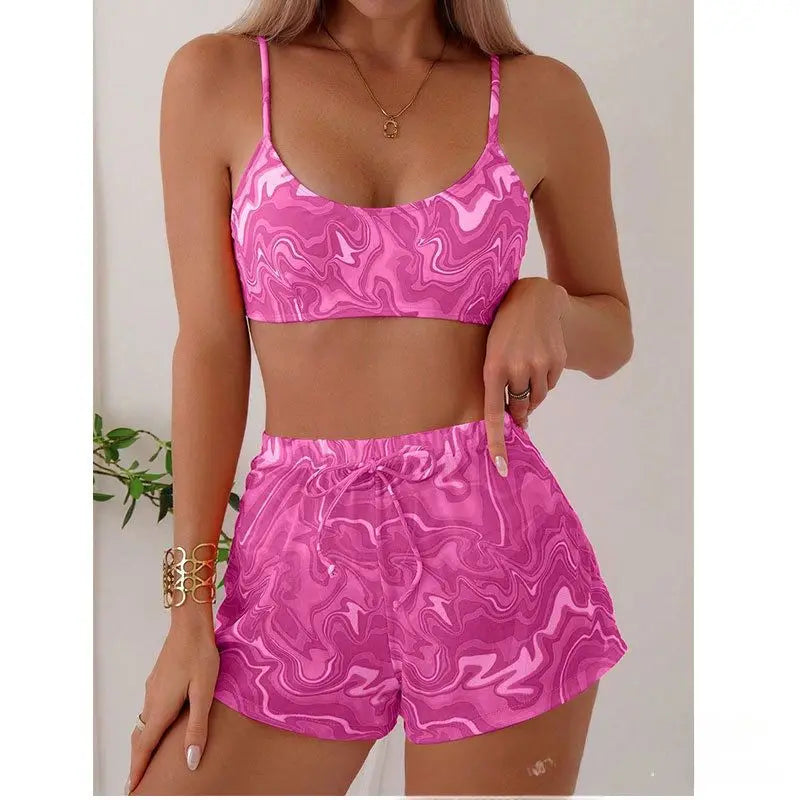 Cikini Women's Vacation Marble Print Casual Bikini Set, Three-Piece Bikini Set With Cover-Up Shorts, Random Print Summer Beach