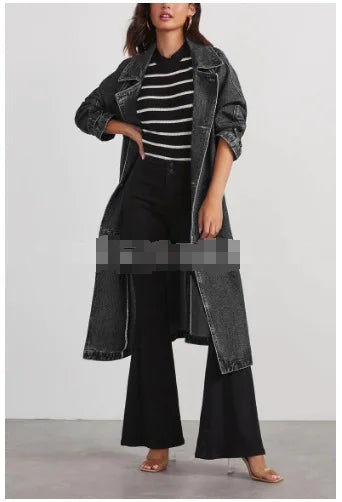 Denim Windbreaker for Women 2025 Washed Long Jackets Pockets Lace Up Lapel Double Breasted Trench Coat Casual Female Outerwear