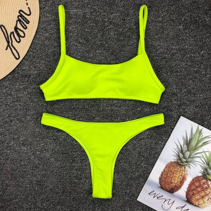 Neon Yellow Green Swimsuit Women Sexy Solid Push Up Micro Bikini 2026 Brazilian Summer Beach Bathing Suit Thong Swimwear Biquini