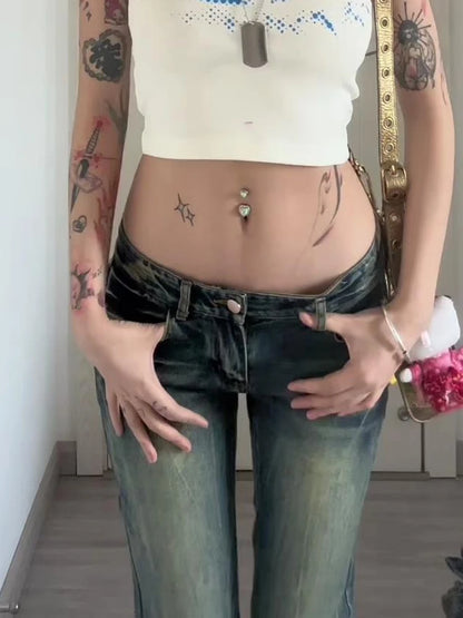 Woman American Style Jeans Aesthetics Denim Kpop Pants Gyaru Trousers High Street Bell Pockets Bottoms Zipper Low Waist