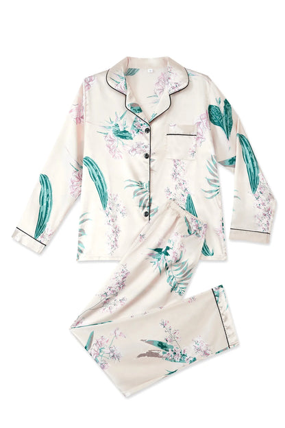 Home Lapel Cardigan Long Sleeve Casual Comfortable Breathable Cute Cartoon Green Pink Striped Cactus Summer Women's Sleepwear