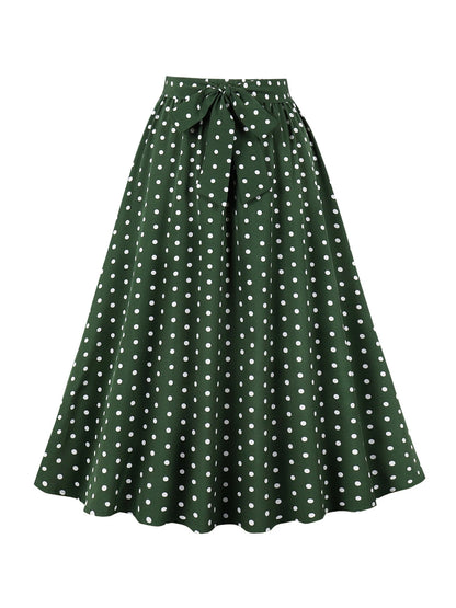 Elegant flower polka dot print casual party elastic waist bow belt half skirt for women