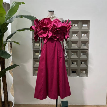 KBQ Spliced Appliques Tunic A Line Dresses for Women Slash Neck Off The Shoulder Sleeve Backless High Waist Sweet Dress Female
