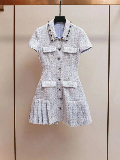 Summer Autumn Crystal Tweed Short Dress Shirt Women Sleeveless Beaded Diamonds Single Breasted Evening Party Dresses Lady