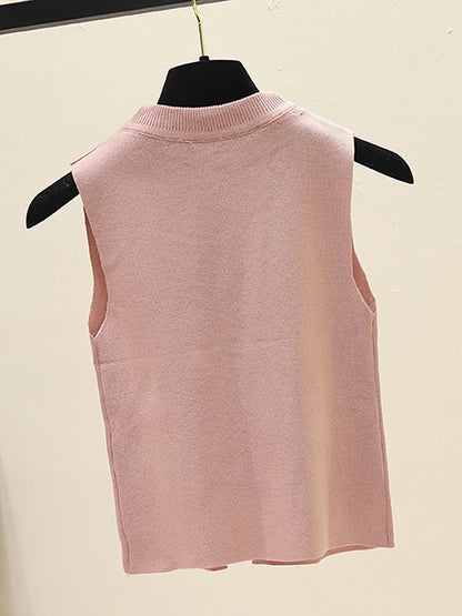 2026 Summer Spring zipper Knit Tank Top Cami Korean Camisole Elastic Vest O Neck Solid Color New Slim Breathable Tops White