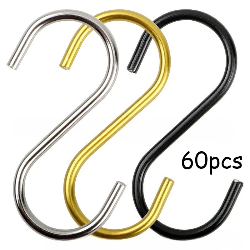 60/20pcs Heavy-Duty Stainless Steel S-Hooks - For Kitchen, Garden, Wardrobe & Plant Organization - Utility Hooks, Party