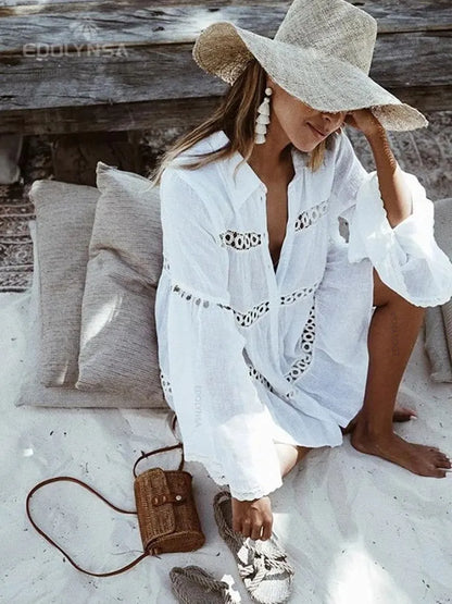 New Cover-ups 2023 Sexy V-neck Summer Beach Dress Tunic Women Casual Beachwear Swimsuit Cover Up Sarong Plage N771