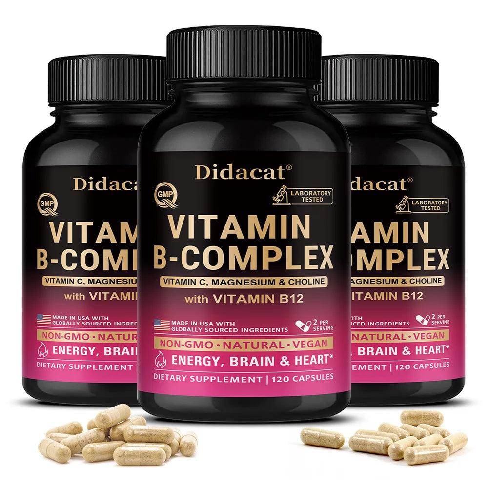 Vitamin B Complex for Men & Women - Riboflavin B2,B12,B1,B3,B5,B6,B7,B8,B9,Vitamin C, Choline, Inositol - Brain & Heart Support