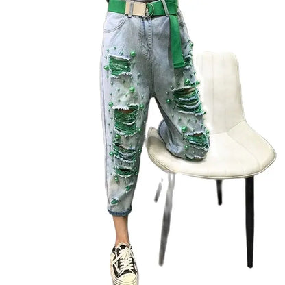 Spring Summer Hole Plus Size Jiufen Jeans Fashion Harem Pants Light Blue Loose Slim Flower Casual Temperament  Denim Pants