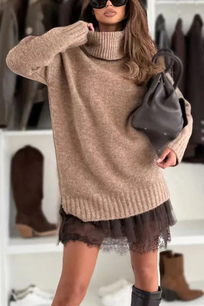 New Fashion Women's 2-piece Set  Autumn Winter Knitted Sweater+Lace Dress Loose Long Sleeve Solid color Turtleneck Pullover Top
