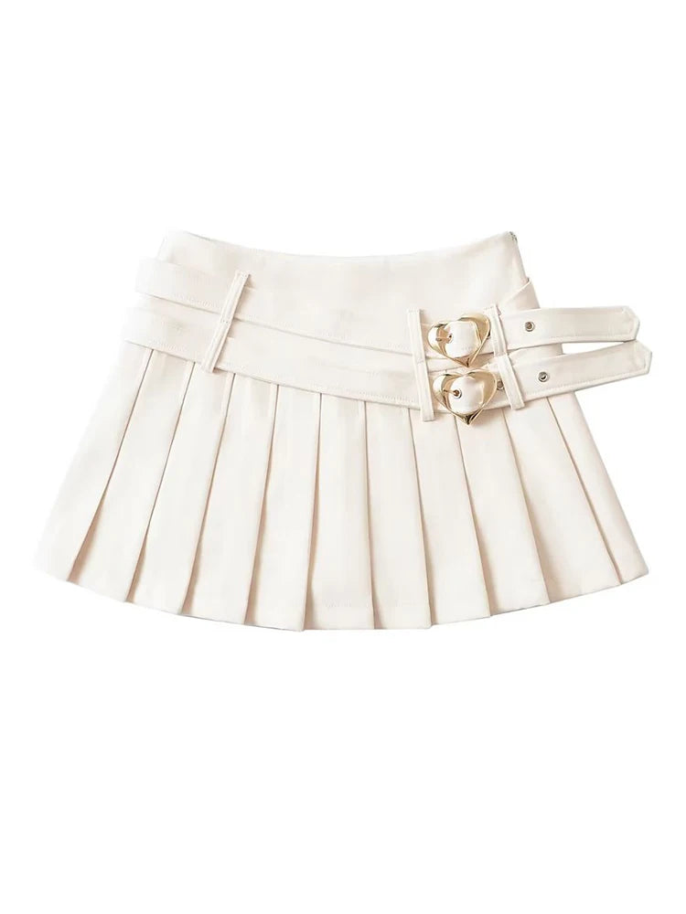 Women Summer New Fashion Hot Sweet Slim Pleated Super Short Skirt Cute Chic Heart Belt Mini Skort Streetwear Shorts Skirts