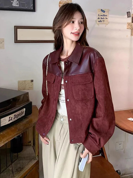 Jmprs Retro Streetwear Jackets Women Pu Patchwork American Coat Fall Winter Long Sleeve Harajuku Vintage Bf Burgundy Casual Tops