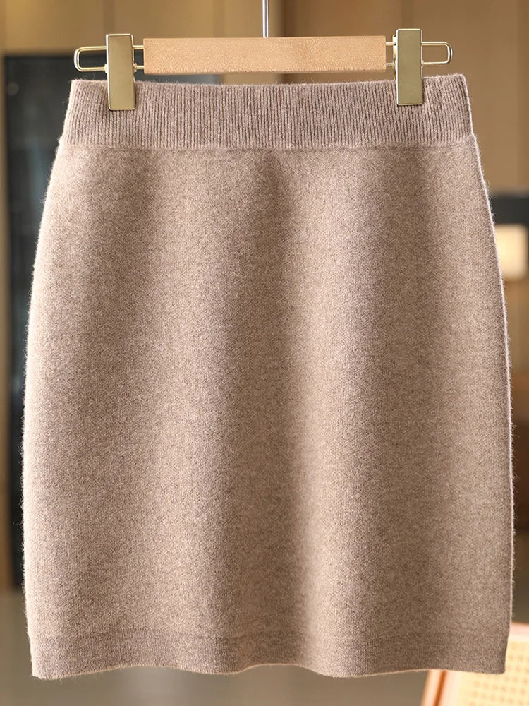 Women Wool Skirts Autumn Winter Office Lady Mini Slim Fit Skirt Elastic Waist 100% Merino Wool Knitted Cashmere Above Knee Dress