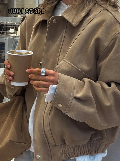 Chic Suede Bomber Jackets Women Loose Lapel Zipper Long Sleeve Pockets Female Coats 2025 Autumn Lady Commute Outwear New