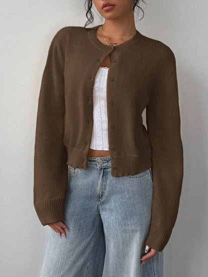 Women's Casual Solid Color Round Neck Long Sleeve Loose Cropped Top Single-breasted Sweater Cardigan Streetwear Autumn/Winter