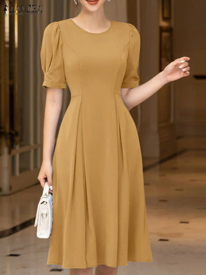 2025 Summer Elegant Office Work Midi Dresses ZANZEA Women Short Puff Sleeve Solid Party Dress Stylish Casual Holiday Vestidos