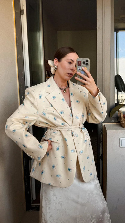 Elegant Floral Print Blazer Outerwear With Belt Women's Casual Lapel Long-Sleeve Shoulder Pads Jacket Loose Fit Outfit For Woman