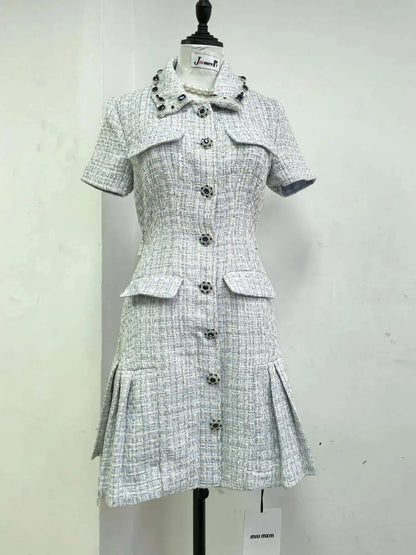 Summer Autumn Crystal Tweed Short Dress Shirt Women Sleeveless Beaded Diamonds Single Breasted Evening Party Dresses Lady