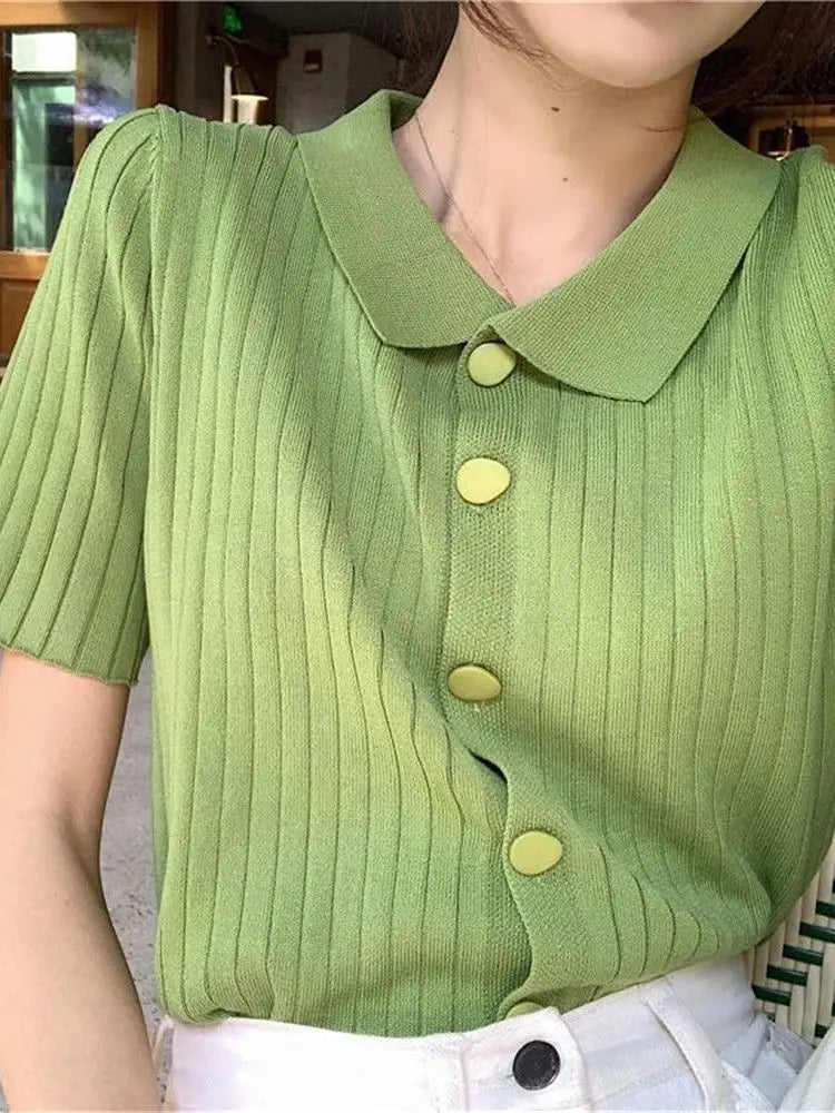 Cardigan Women Solid Short Sleeve Knitted Turn-down Collar Summer Casual All-match Tops Slim Button Up Students Korean Style