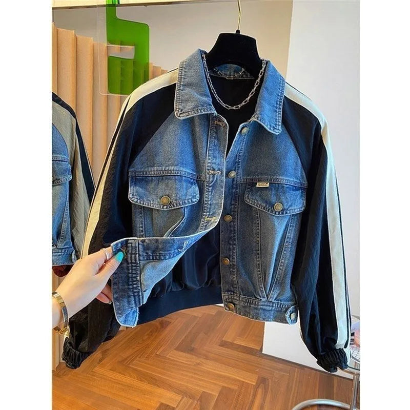 2025 Spring Autumn Short Baseball Jacket Loose Fitting Cowboy Women Outerwear European Fashion Splicing Together Denim Lady Coat