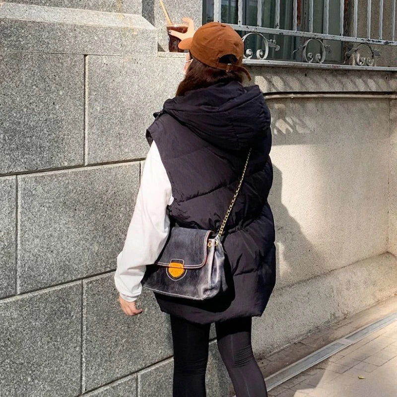 M-4XL Hooded Vests Women Solid Korean Style Fashion Harajuku Autumn Winter College Loose All-match Waistcoats Zip Up Leisure